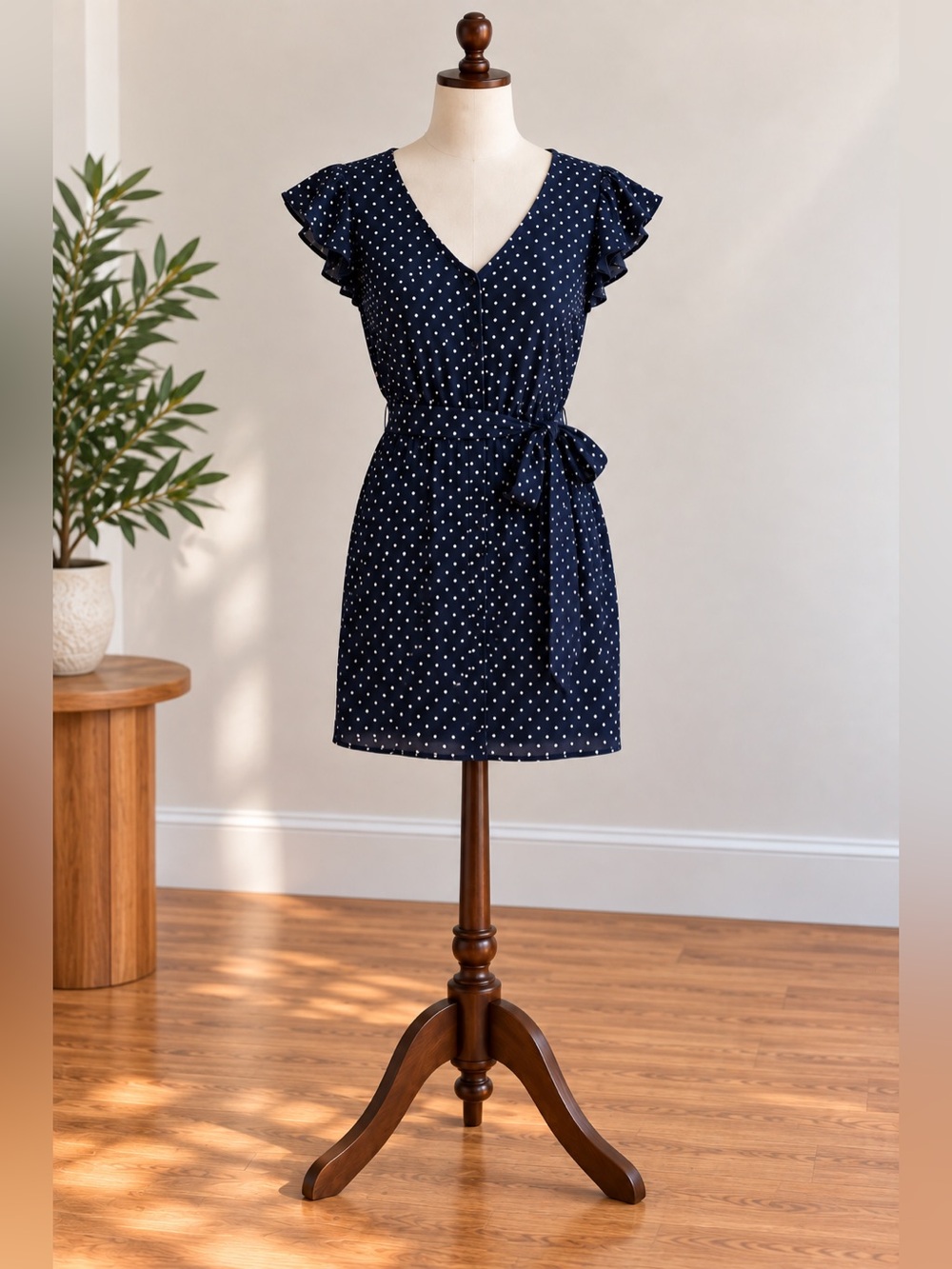 Sybilla Navy Polka Dot Belted Dress Flutter Sleeve Preppy Parisian Chic